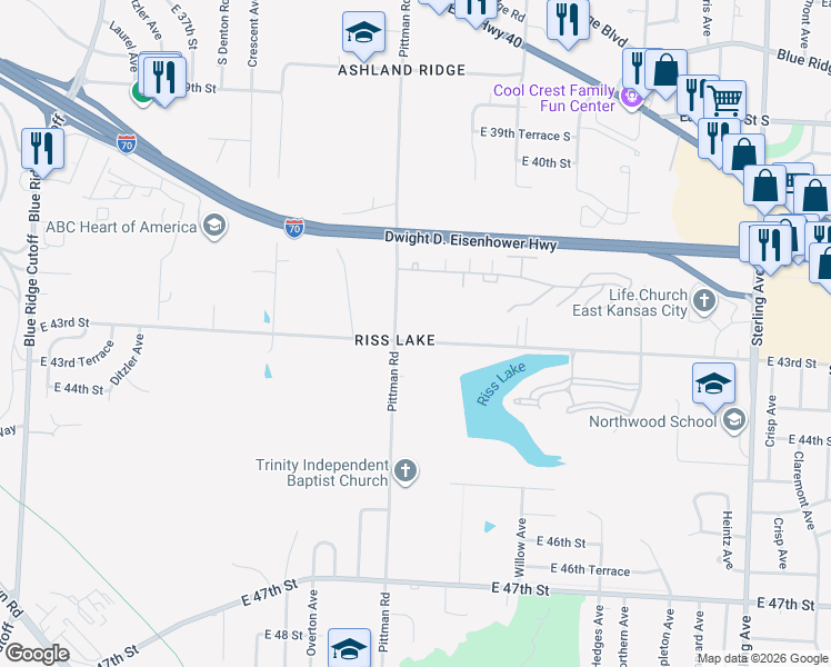 map of restaurants, bars, coffee shops, grocery stores, and more near 10002 East 43rd Street in Kansas City
