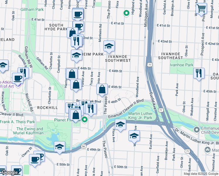 map of restaurants, bars, coffee shops, grocery stores, and more near 1409 East 45th Street in Kansas City
