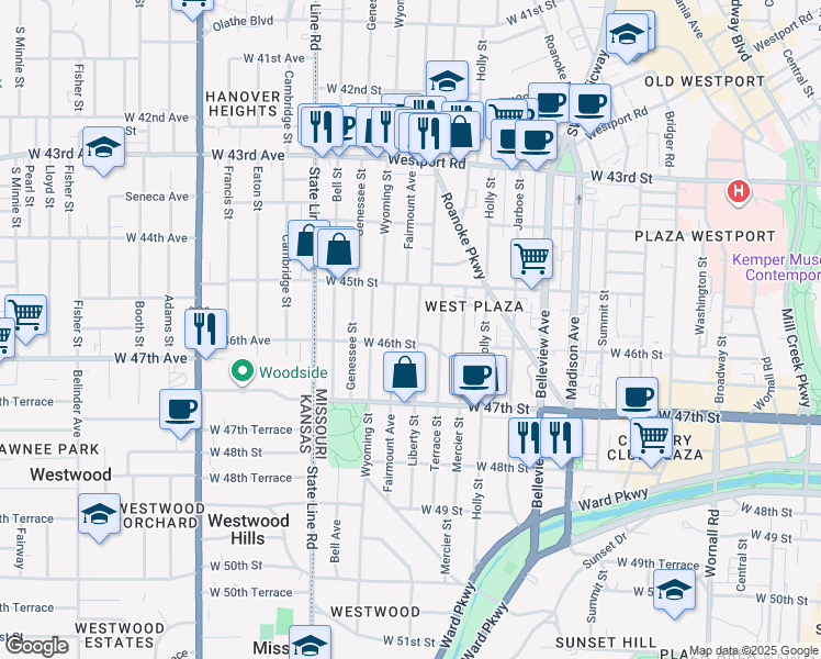 map of restaurants, bars, coffee shops, grocery stores, and more near 4538 Liberty Street in Kansas City