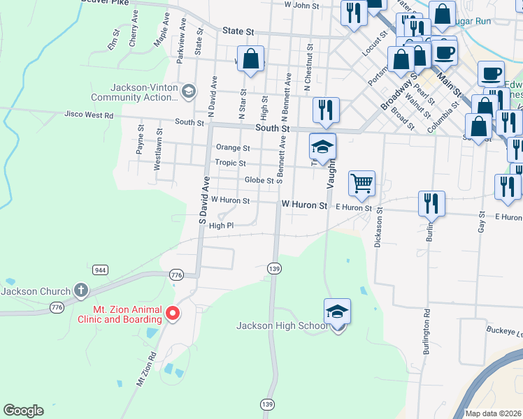 map of restaurants, bars, coffee shops, grocery stores, and more near 204 High Place in Jackson