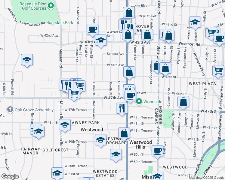 map of restaurants, bars, coffee shops, grocery stores, and more near 4525 Booth Street in Kansas City