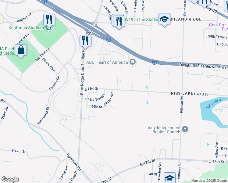 map of restaurants, bars, coffee shops, grocery stores, and more near 9201 East 43rd Street in Kansas City