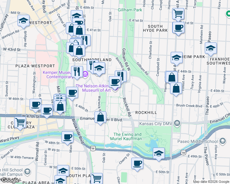 map of restaurants, bars, coffee shops, grocery stores, and more near 4525 Oak Street in Kansas City