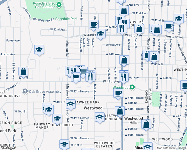 map of restaurants, bars, coffee shops, grocery stores, and more near 4604 Fisher Street in Kansas City