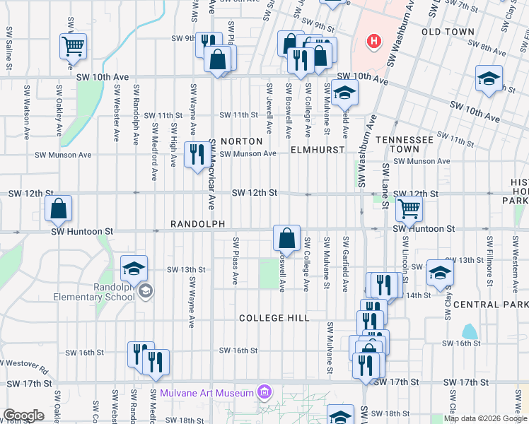map of restaurants, bars, coffee shops, grocery stores, and more near 1225 SW Jewell Ave in Topeka
