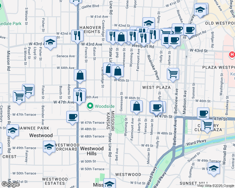 map of restaurants, bars, coffee shops, grocery stores, and more near 4541 Bell Street in Kansas City