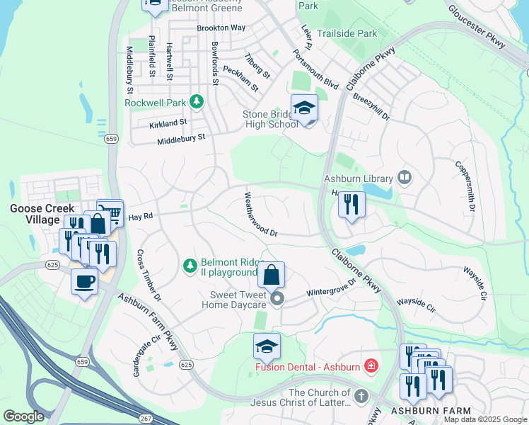 map of restaurants, bars, coffee shops, grocery stores, and more near 20647 Oakencroft Court in Ashburn