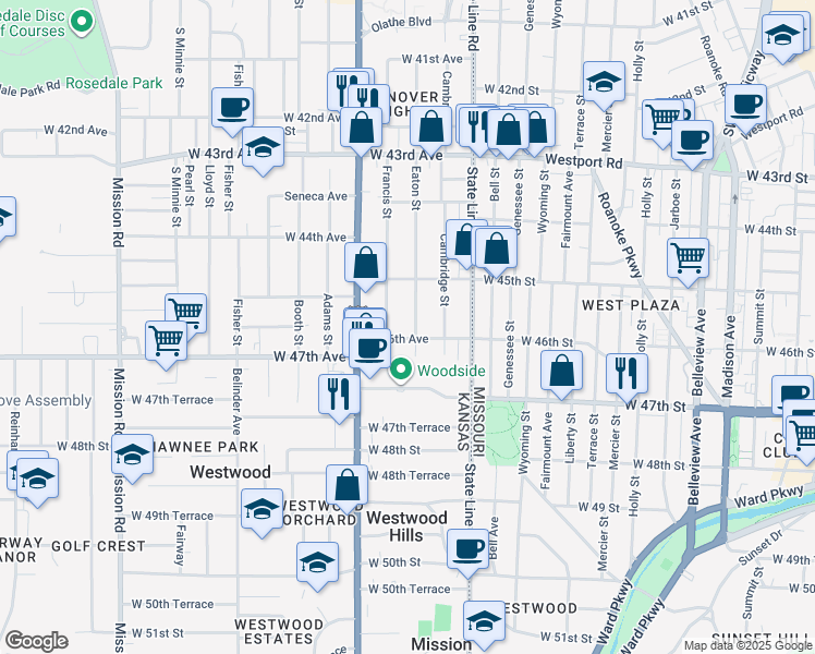 map of restaurants, bars, coffee shops, grocery stores, and more near 4520H Eaton Street in Kansas City
