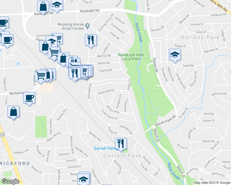 map of restaurants, bars, coffee shops, grocery stores, and more near 11519 Monongahela Drive in Rockville