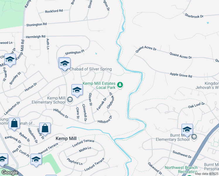 map of restaurants, bars, coffee shops, grocery stores, and more near 114 Claybrook Drive in Silver Spring