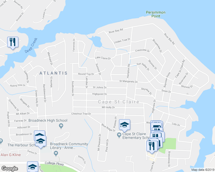 map of restaurants, bars, coffee shops, grocery stores, and more near 1184 Summit Drive in Annapolis
