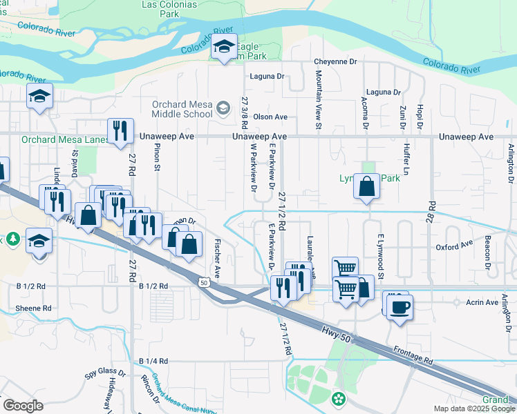 map of restaurants, bars, coffee shops, grocery stores, and more near 275 West Parkview Drive in Grand Junction