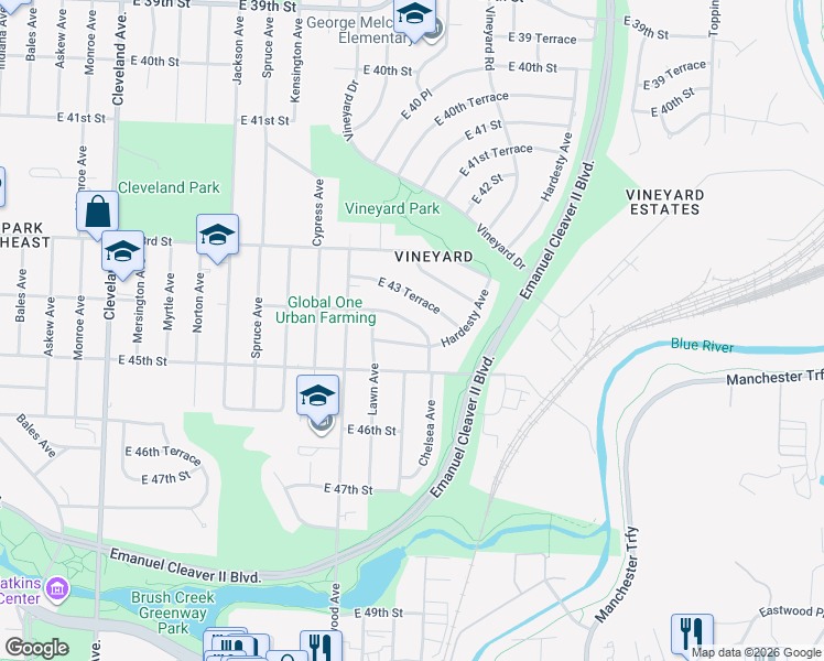 map of restaurants, bars, coffee shops, grocery stores, and more near 4735 East 44th Street in Kansas City