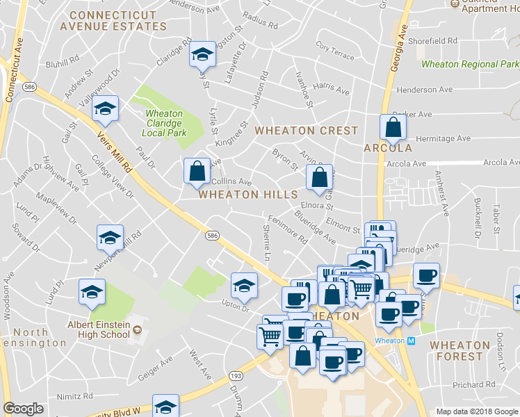 map of restaurants, bars, coffee shops, grocery stores, and more near 2907 Fenimore Court in Silver Spring