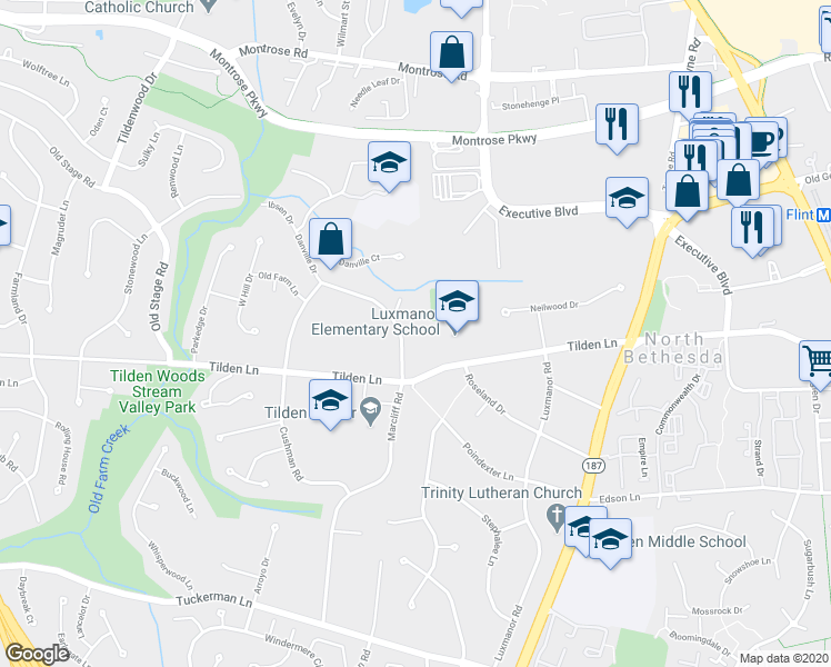 map of restaurants, bars, coffee shops, grocery stores, and more near 11509 Danville Drive in Rockville