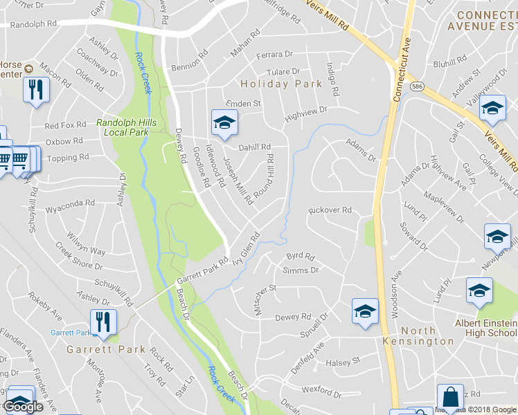 map of restaurants, bars, coffee shops, grocery stores, and more near 4215 Garrett Park Road in Silver Spring
