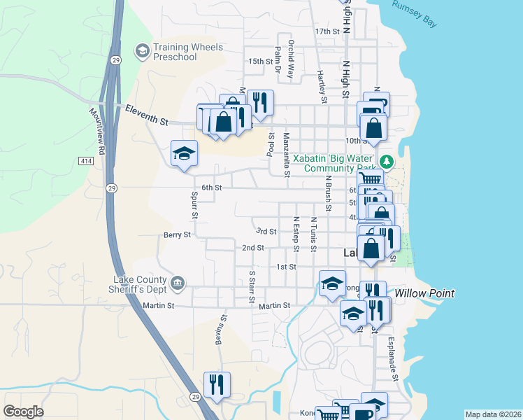 map of restaurants, bars, coffee shops, grocery stores, and more near 770 4th Street in Lakeport