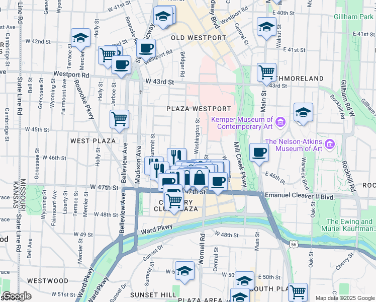 map of restaurants, bars, coffee shops, grocery stores, and more near 4541 Pennsylvania Avenue in Kansas City