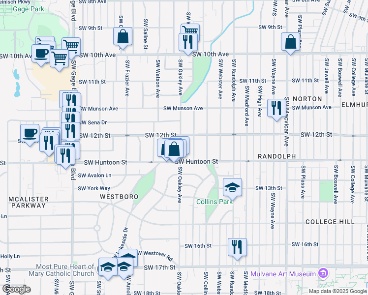 map of restaurants, bars, coffee shops, grocery stores, and more near 1220 Southwest Oakley Avenue in Topeka