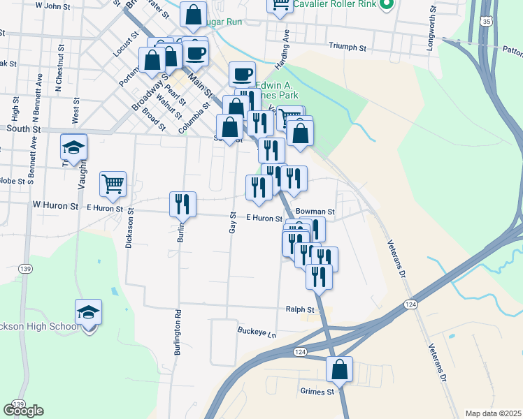 map of restaurants, bars, coffee shops, grocery stores, and more near 404 East Huron Street in Jackson