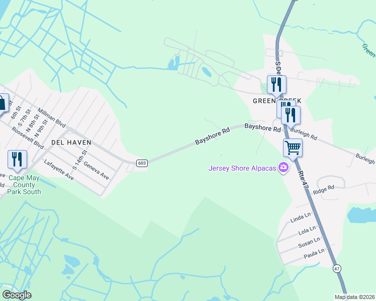 map of restaurants, bars, coffee shops, grocery stores, and more near 2 15th Street in Middle Township