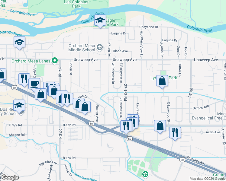 map of restaurants, bars, coffee shops, grocery stores, and more near 275 West Parkview Drive in Grand Junction