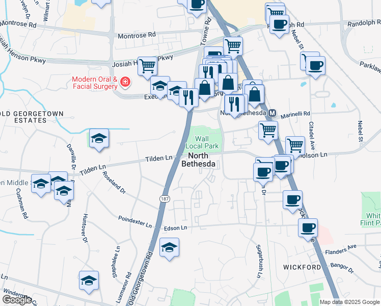 map of restaurants, bars, coffee shops, grocery stores, and more near 5939 Nicholson Lane in North Bethesda
