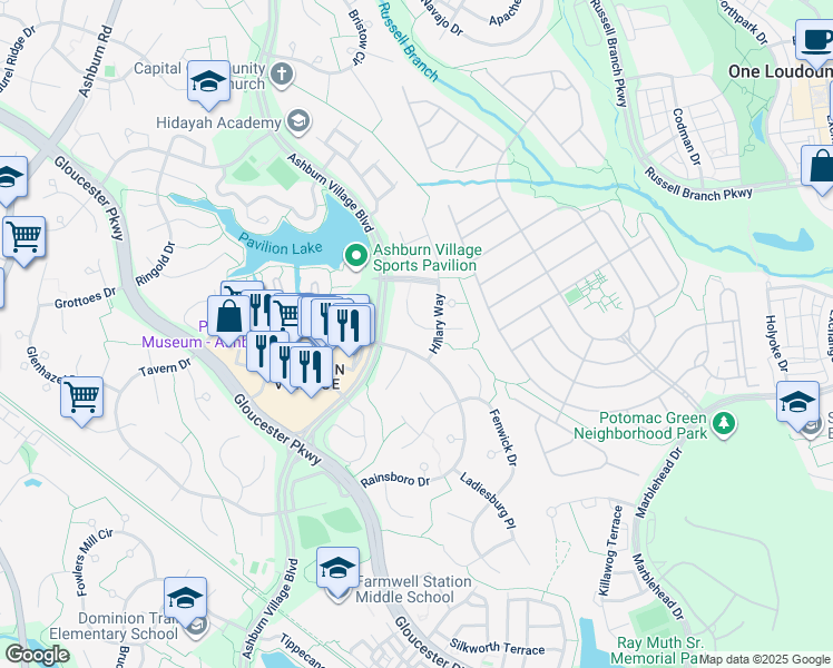 map of restaurants, bars, coffee shops, grocery stores, and more near 44269 Cobham Station Court in Ashburn