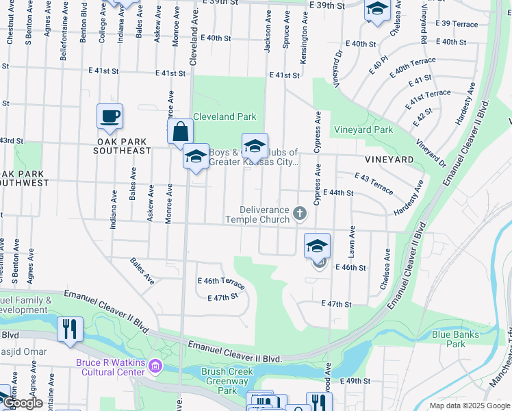 map of restaurants, bars, coffee shops, grocery stores, and more near 4414 Jackson Avenue in Kansas City