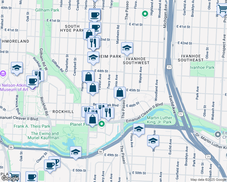 map of restaurants, bars, coffee shops, grocery stores, and more near 4503 Virginia Avenue in Kansas City