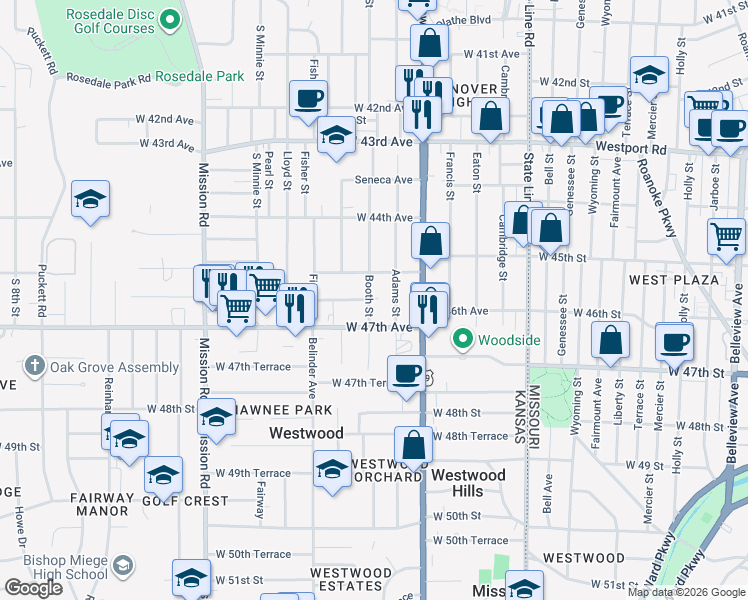 map of restaurants, bars, coffee shops, grocery stores, and more near 4525 Booth Street in Kansas City