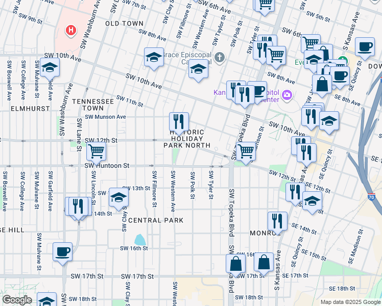 map of restaurants, bars, coffee shops, grocery stores, and more near 1215 Southwest Polk Street in Topeka
