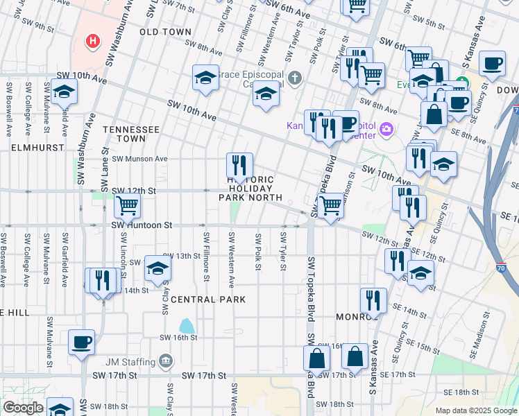 map of restaurants, bars, coffee shops, grocery stores, and more near 1215 Southwest Polk Street in Topeka