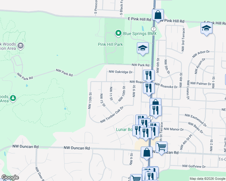 map of restaurants, bars, coffee shops, grocery stores, and more near 2212 Northwest 11 Street in Blue Springs