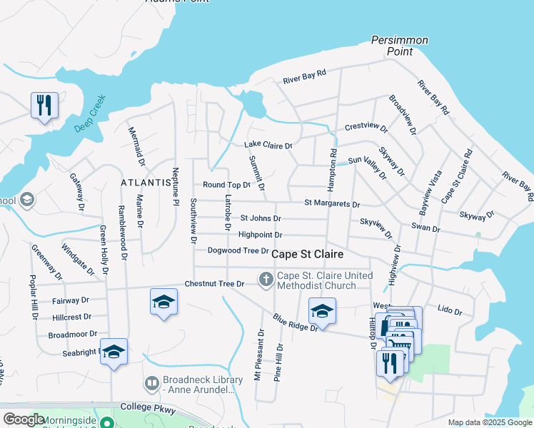 map of restaurants, bars, coffee shops, grocery stores, and more near 974 Saint Johns Drive in Annapolis