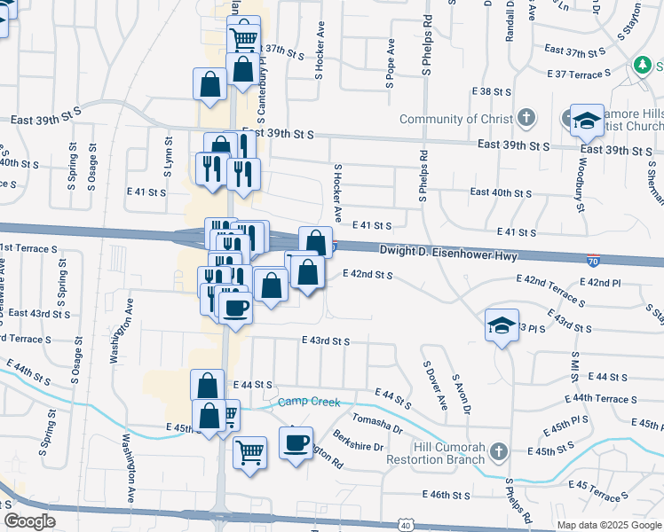 map of restaurants, bars, coffee shops, grocery stores, and more near 14426 East 42 Street South in Independence