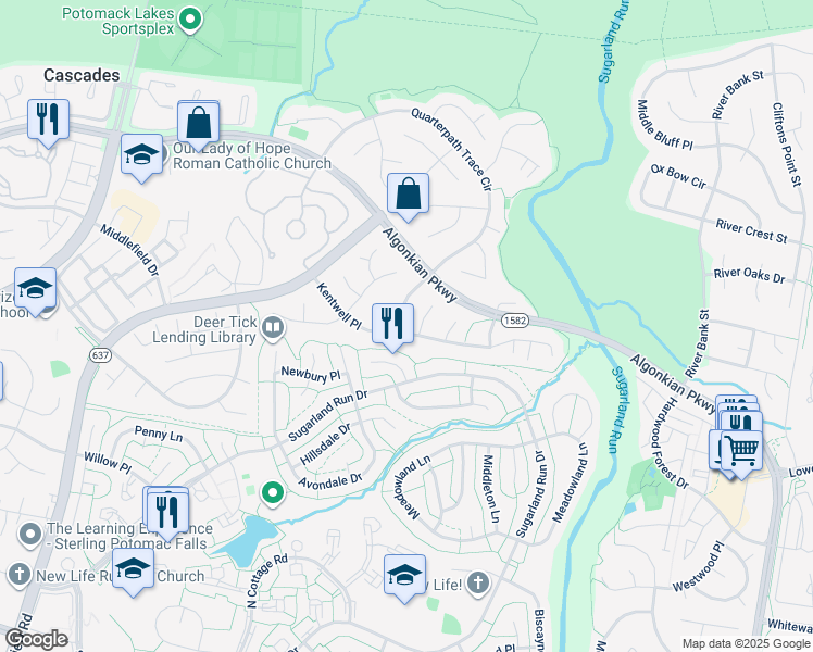 map of restaurants, bars, coffee shops, grocery stores, and more near 20588 Tanglewood Way in Sterling