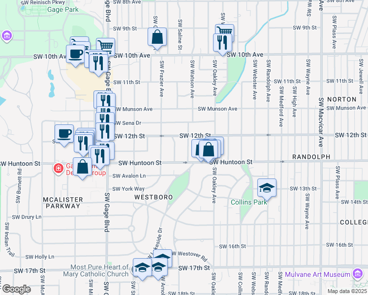 map of restaurants, bars, coffee shops, grocery stores, and more near 1213 Southwest Watson Avenue in Topeka