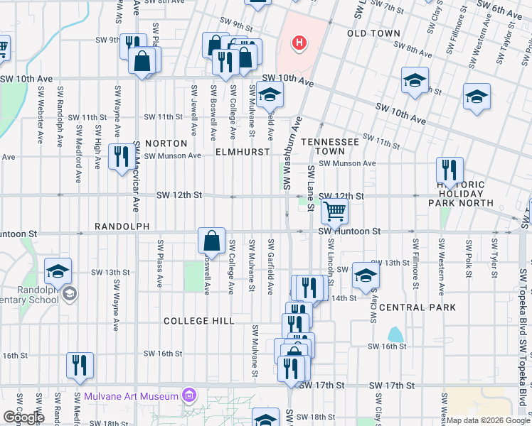 map of restaurants, bars, coffee shops, grocery stores, and more near 1219 Southwest Garfield Avenue in Topeka
