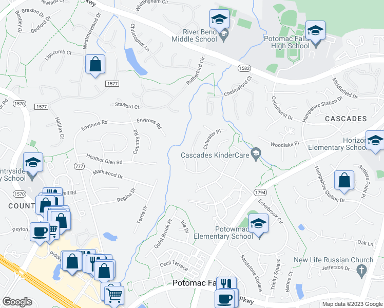 map of restaurants, bars, coffee shops, grocery stores, and more near 20596 Marsh Court in Sterling