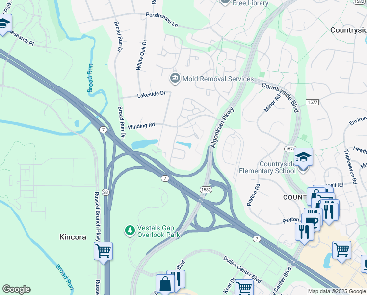 map of restaurants, bars, coffee shops, grocery stores, and more near 45518 Lakemont Square in Sterling