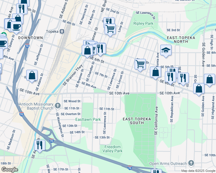 map of restaurants, bars, coffee shops, grocery stores, and more near 727 Southeast Lawrence Street in Topeka