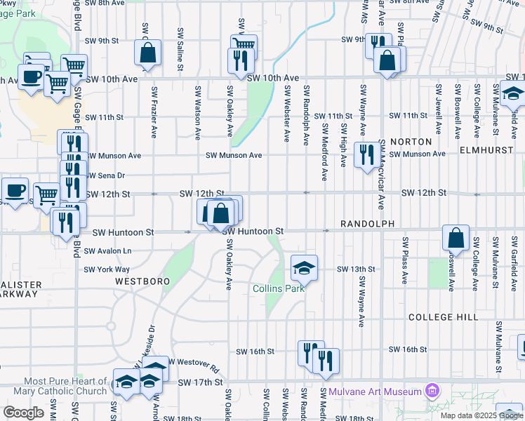 map of restaurants, bars, coffee shops, grocery stores, and more near 1221 SW Collins Ave in Topeka