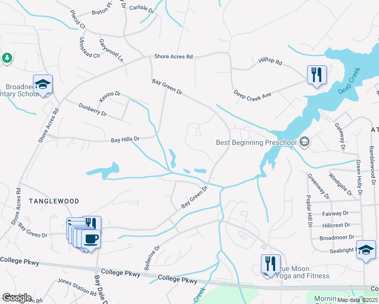map of restaurants, bars, coffee shops, grocery stores, and more near 608 Oakland Hills Drive in Arnold