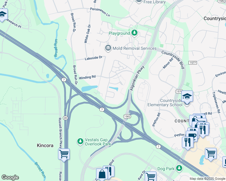 map of restaurants, bars, coffee shops, grocery stores, and more near 45518 Lakemont Square in Sterling