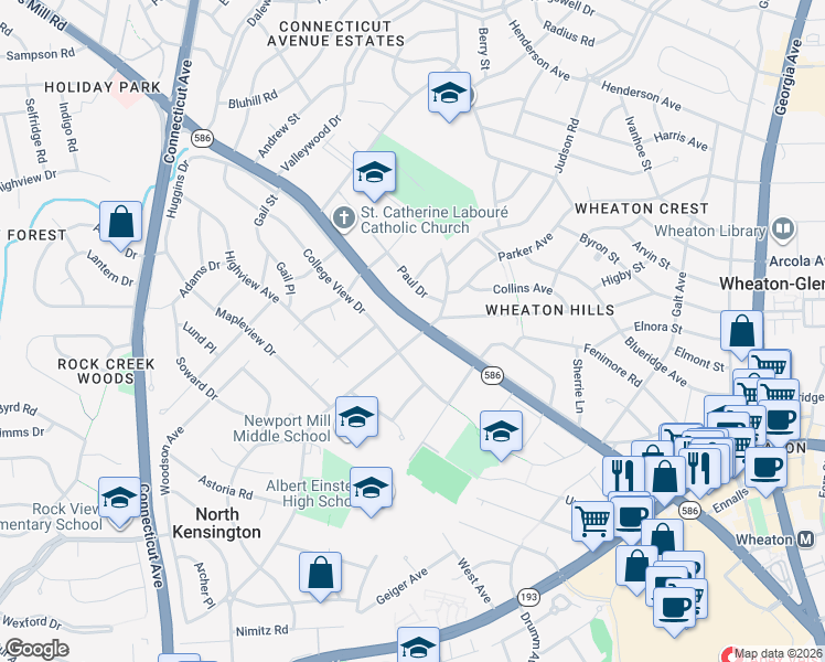 map of restaurants, bars, coffee shops, grocery stores, and more near 11506 Newport Mill Road in Silver Spring