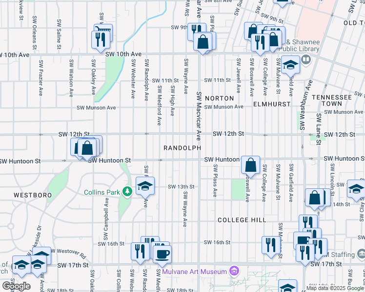 map of restaurants, bars, coffee shops, grocery stores, and more near 1223 Southwest Wayne Avenue in Topeka