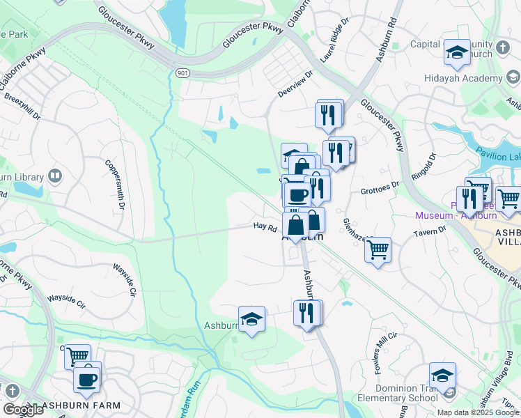 map of restaurants, bars, coffee shops, grocery stores, and more near 43656 Meadow Overlook Place in Ashburn