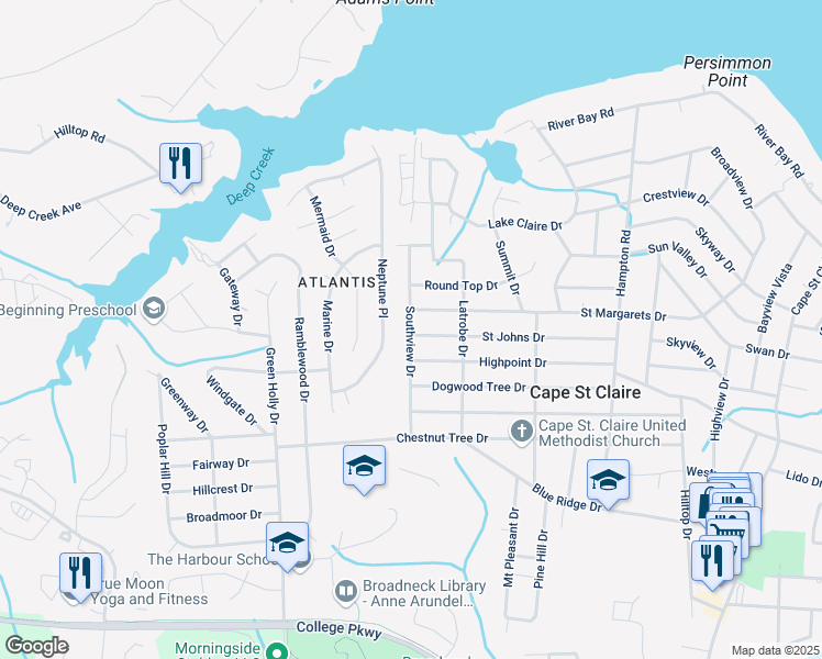 map of restaurants, bars, coffee shops, grocery stores, and more near 900 Saint Johns Drive in Annapolis