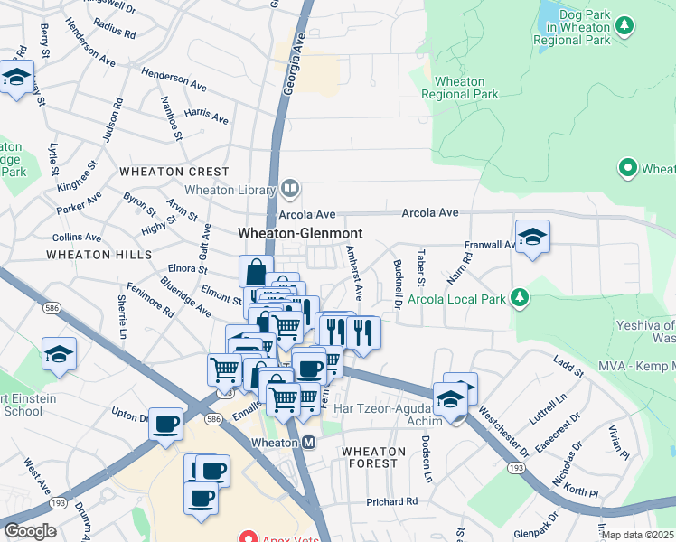 map of restaurants, bars, coffee shops, grocery stores, and more near 11630 Leesborough Circle in Silver Spring